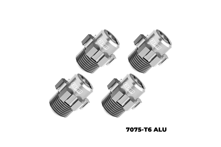 Four silver GPM Racing aluminium wheel hex adapters for RC cars arranged in a grid against a white background.