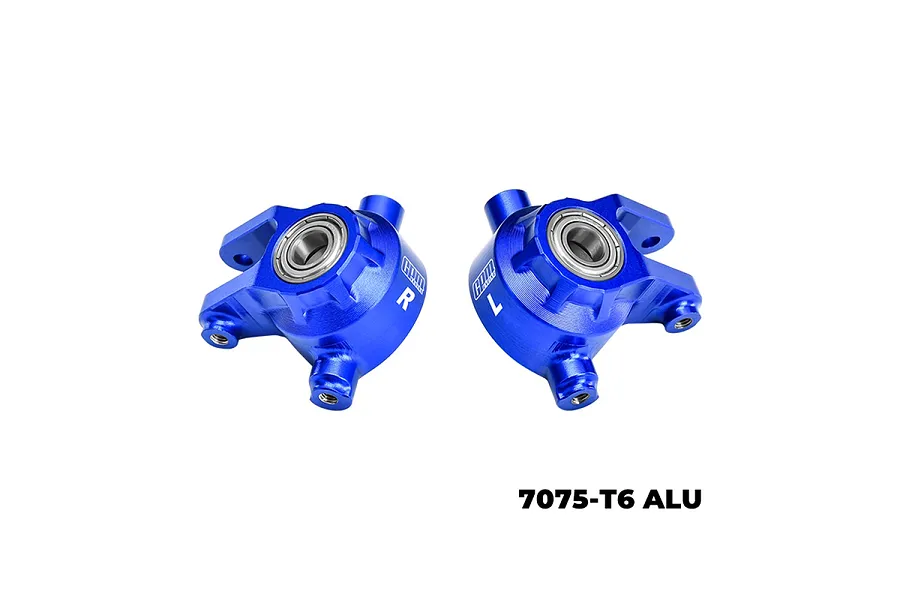 A pair of blue anodized aluminium RC front steering hubs by GPM Racing, featuring pre-installed ball bearings and marked with L and R indicators.