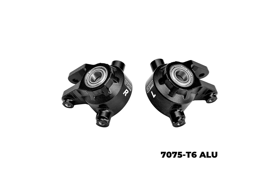 A pair of black GPM Racing aluminium front steering hubs with oversized bearings, marked L and R, isolated on a white background.
