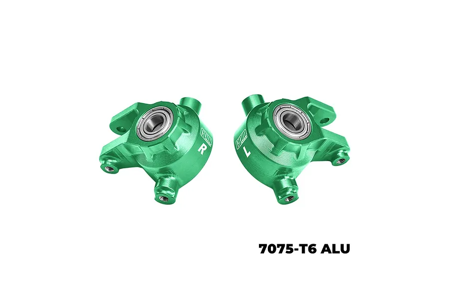 A pair of green GPM Racing aluminium front steering hubs with pre-installed bearings, marked L and R, against a white background.