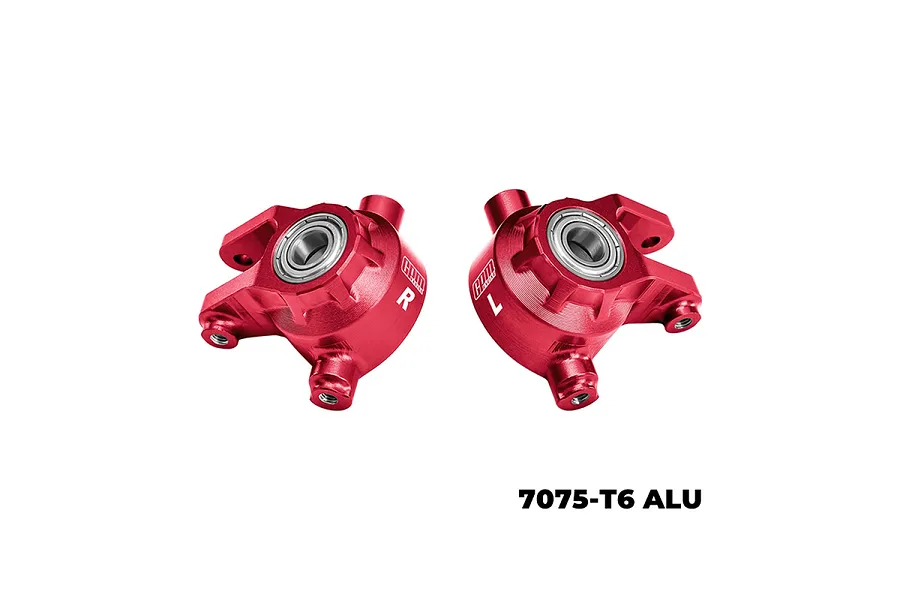 A pair of red anodized aluminium front steering hubs for RC cars by GPM Racing, featuring pre-installed bearings and marked with L and R.