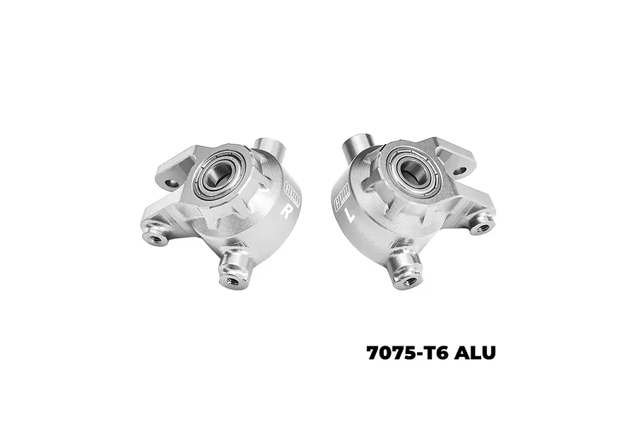 Two silver GPM Racing aluminium front steering hubs for RC cars, featuring oversized bearings and marked with L and R indicators.