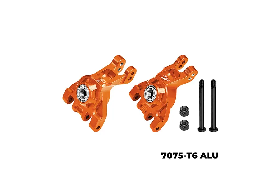 A pair of orange anodized aluminium RC rear hubs by GPM Racing, including two black screws and two black nuts, set against a white background.