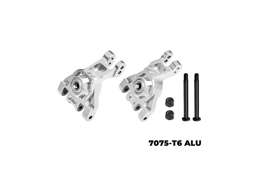 A pair of silver GPM Racing aluminium rear hubs with bearings, two black screws, and two black lock nuts on a white background.