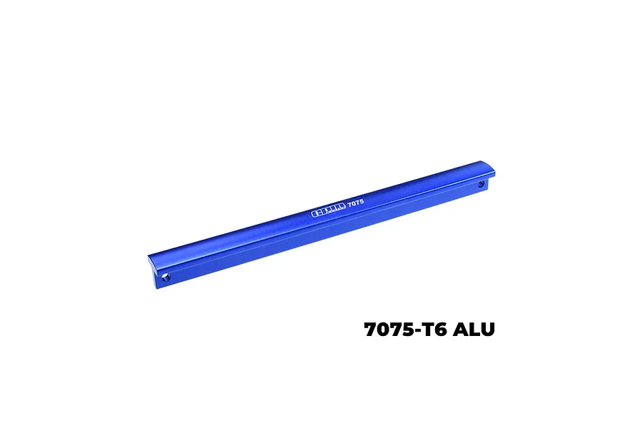 A blue GPM Racing aluminium centre chassis T-bar brace for RC cars, featuring a 7075-T6 aluminium construction.
