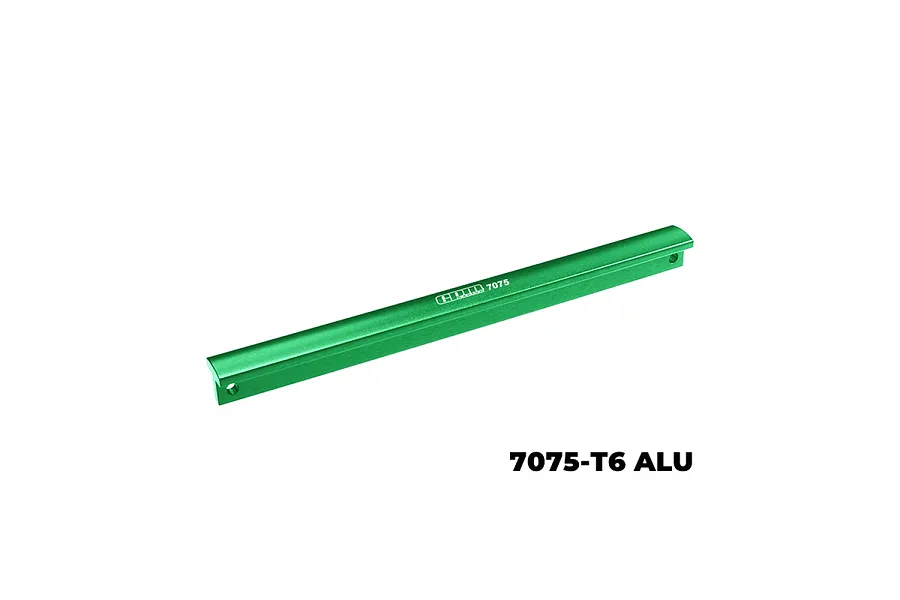 A green GPM Racing aluminium centre chassis T-bar brace for RC cars, featuring a T-shaped profile with mounting holes at each end.