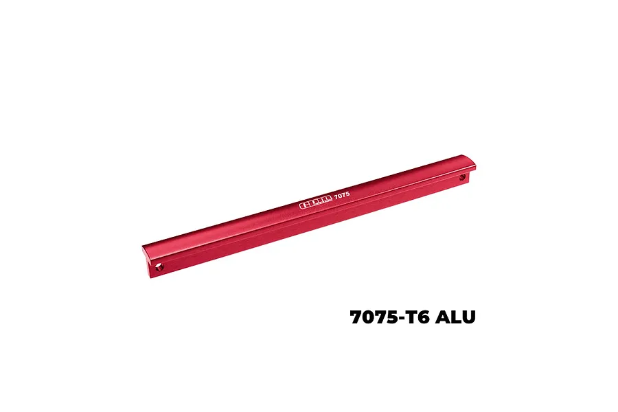 A red anodized aluminium T-bar chassis brace by GPM Racing, featuring a T-shaped profile and mounting holes at each end.