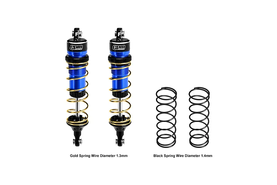 Two GPM Racing blue aluminium adjustable RC shock absorbers with gold springs, plus two additional black replacement springs on a white background.