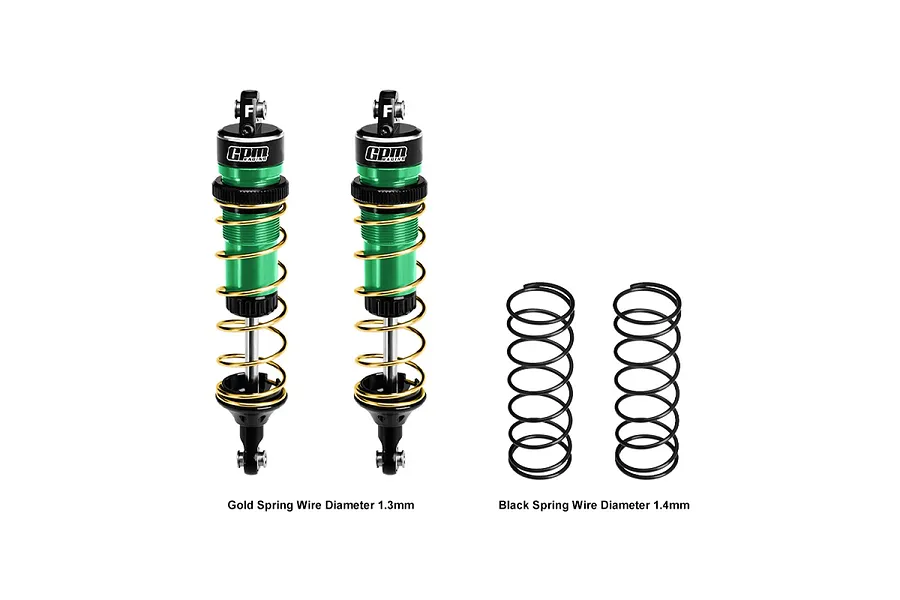 Two green and black GPM Racing adjustable RC shock absorbers with gold springs, alongside two spare black springs on a white background.