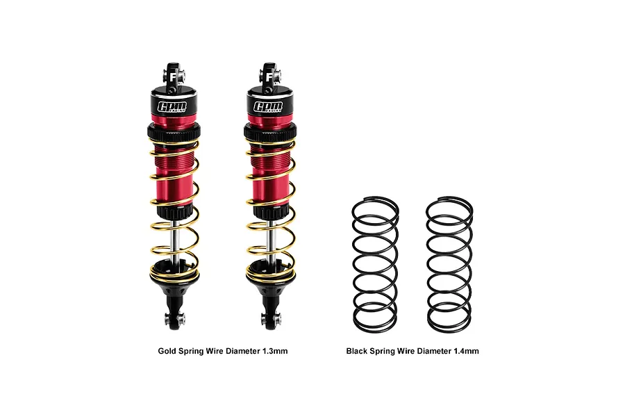 Two GPM Racing red aluminium adjustable RC shock absorbers with gold springs and two additional black replacement springs on a white background.