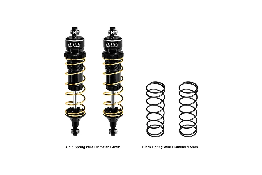 Two GPM Racing black aluminium adjustable rear shocks with gold springs, plus two additional black spare springs on a white background.
