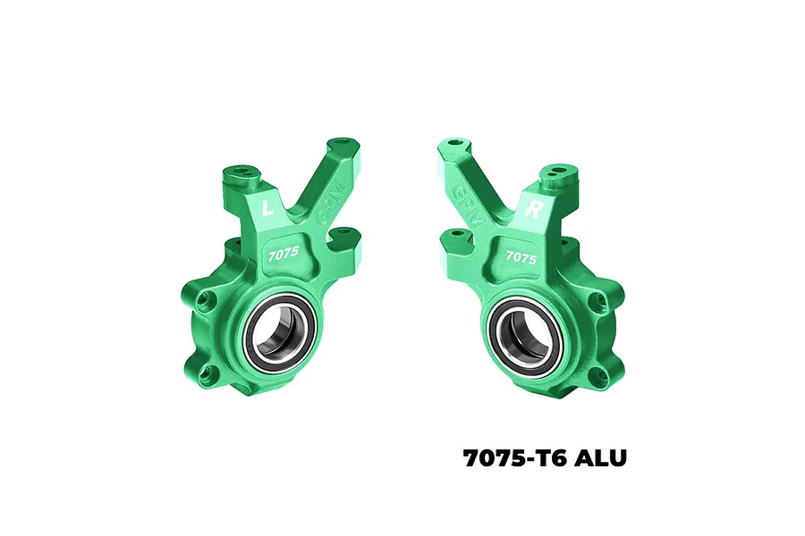 A pair of green anodized aluminium front steering hubs for RC cars by GPM Racing, marked with L and R for left and right sides.