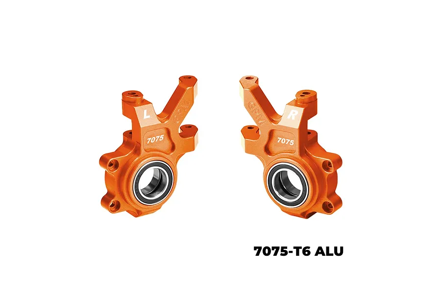 Two orange anodized aluminium RC steering hubs with bearings, marked with L and R, GPM branding, and 7075 material designation.