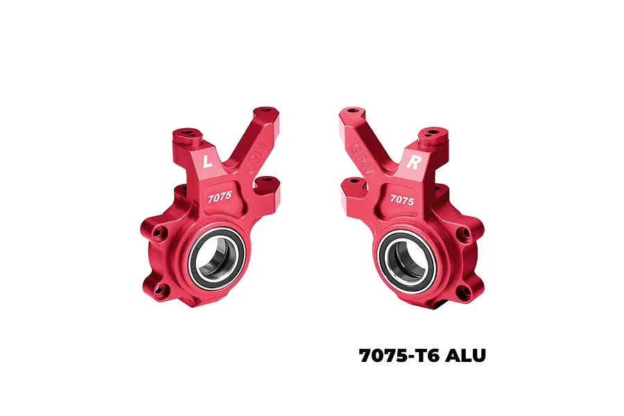 A pair of red anodized aluminium front steering hubs for RC cars, marked with L and R, GPM branding, and 7075 alloy designation.