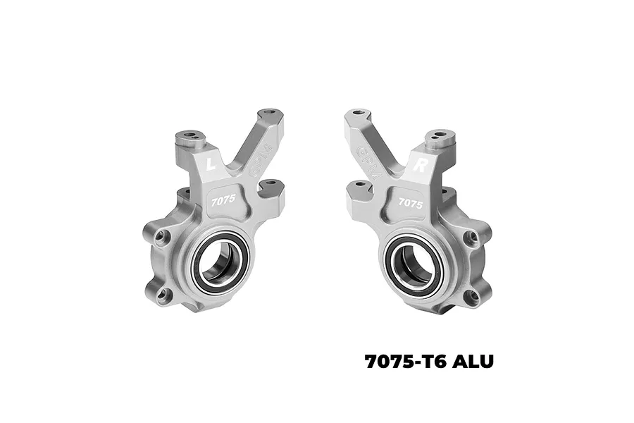 A pair of silver GPM Racing aluminium front oversized steering hubs for RC cars, marked with L and R for left and right sides.
