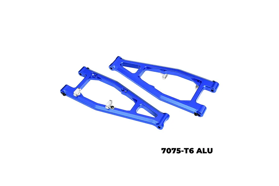 Two blue anodized aluminium front upper suspension arms for an RC car, featuring a lightweight design and GPM branding.
