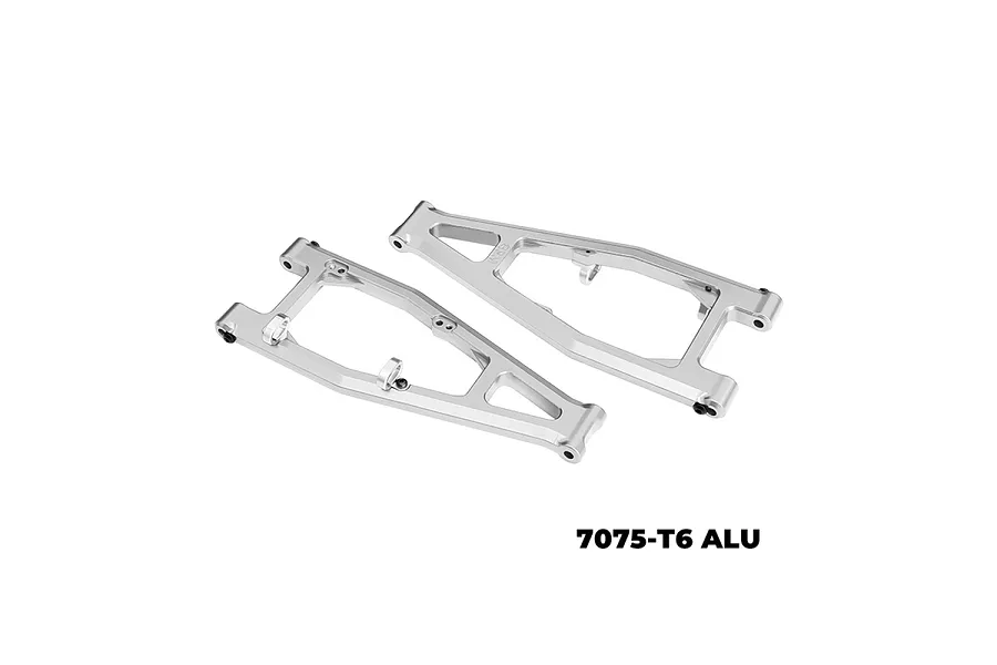 A pair of silver GPM Racing aluminium front upper suspension arms for RC vehicles, shown against a white background.