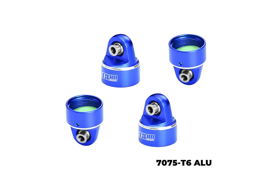 Four blue GPM Racing aluminium shock top caps for RC cars, shown from different angles against a white background.