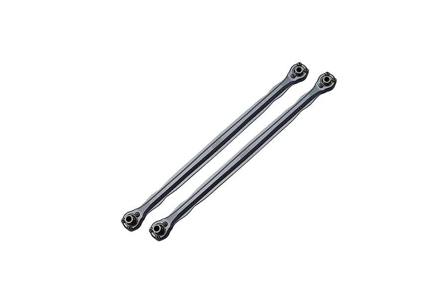 Two grey aluminium RC steering rods with ball joints at each end, positioned diagonally against a white background.