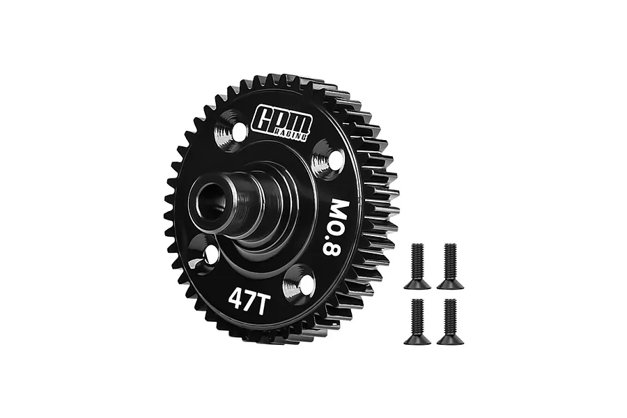 A black GPM Racing 47T 0.8 module spur gear with four matching black countersunk screws on a white background.