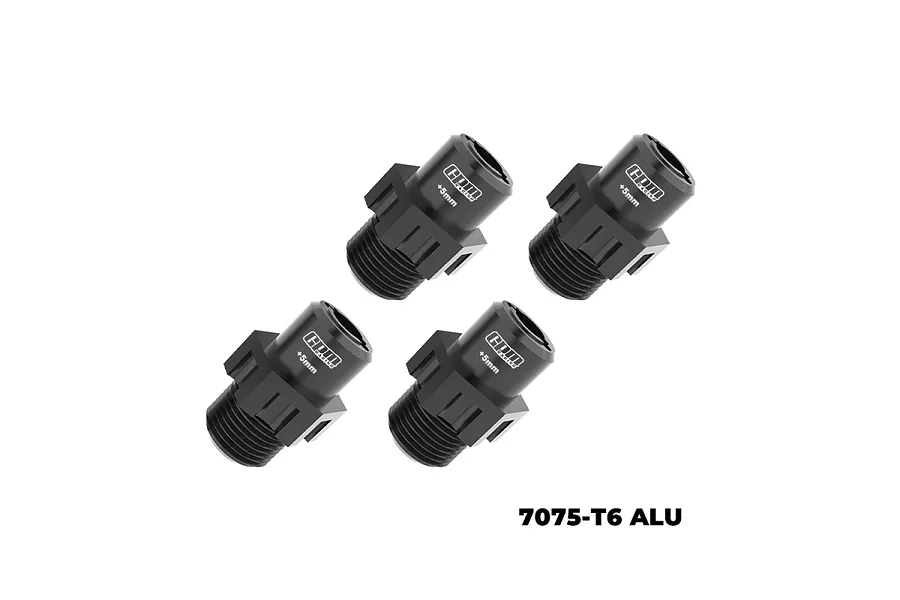 Four black GPM Racing 17mm +5mm aluminium wheel hex adapters arranged on a white background.