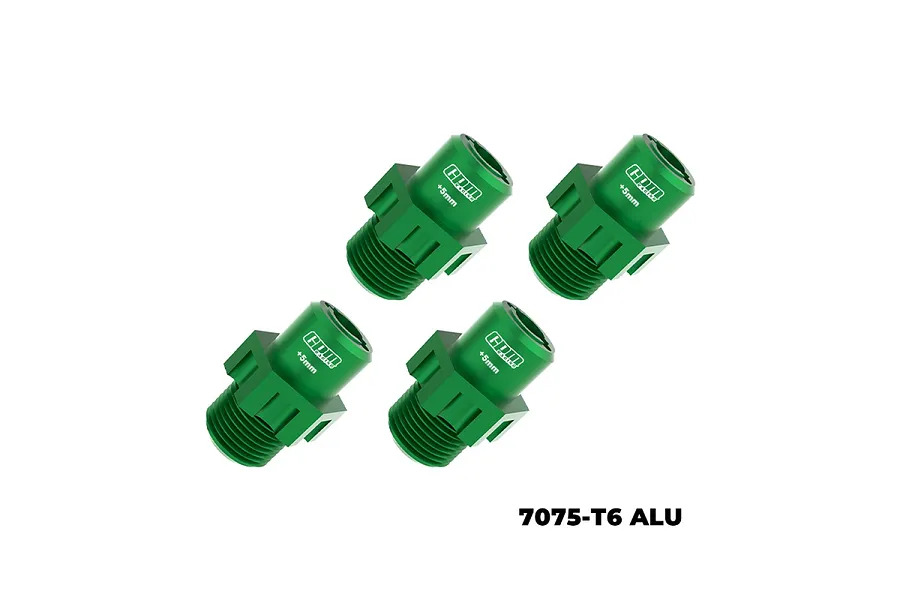 Four green anodized aluminium 17mm +5mm wheel hex adapters by GPM Racing arranged on a white background.