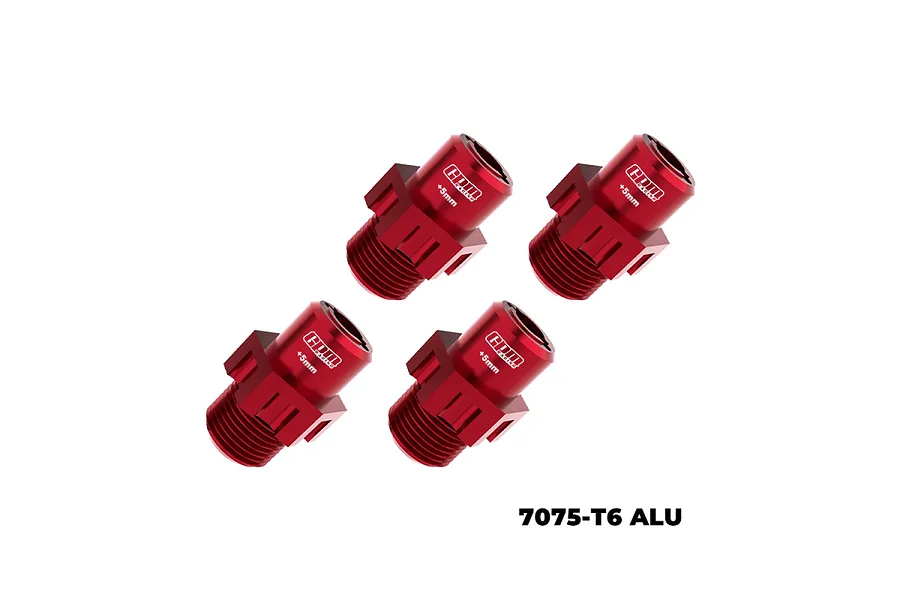 Four red GPM Racing aluminium 17mm +5mm wheel hex adapters for RC cars, shown on a white background.