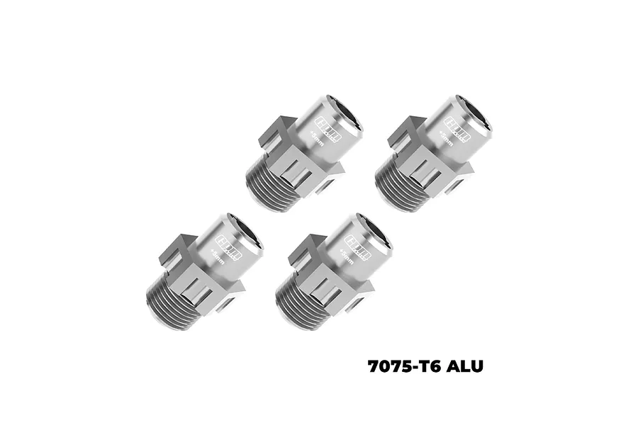 Four silver GPM Racing aluminium 17mm +5mm wheel hex adapters arranged on a white background.