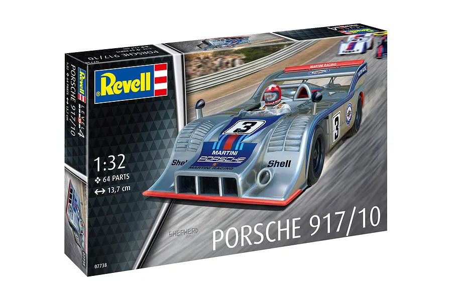 Revell 1/32 scale Porsche 917/10 CanAm race car model kit box, featuring a silver Martini Racing car illustration.