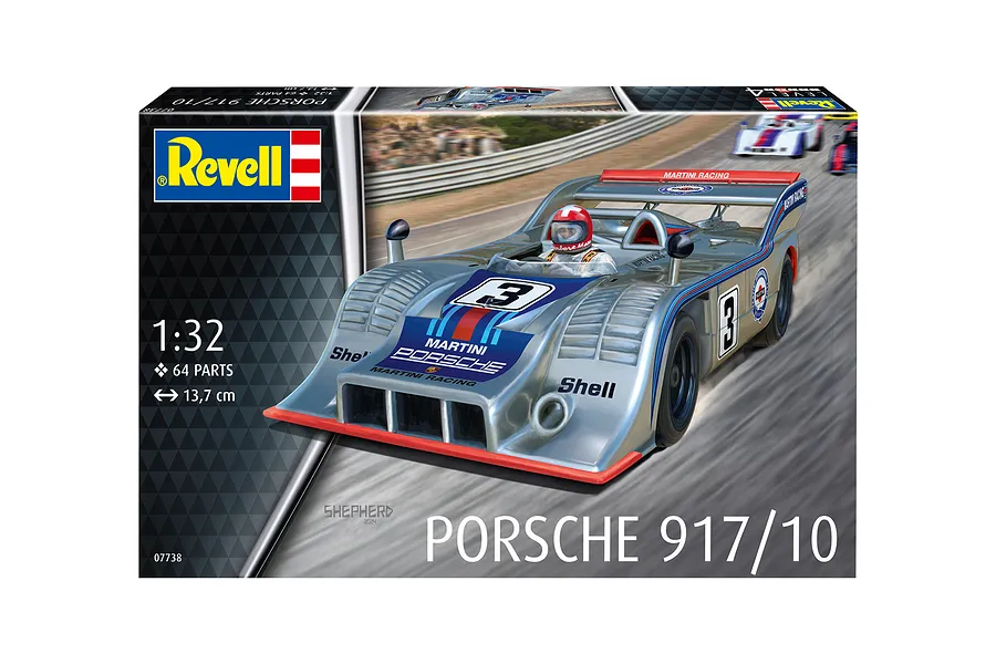 Revell 1/32 scale Porsche 917/10 model kit box featuring a silver Martini Racing race car on a track.