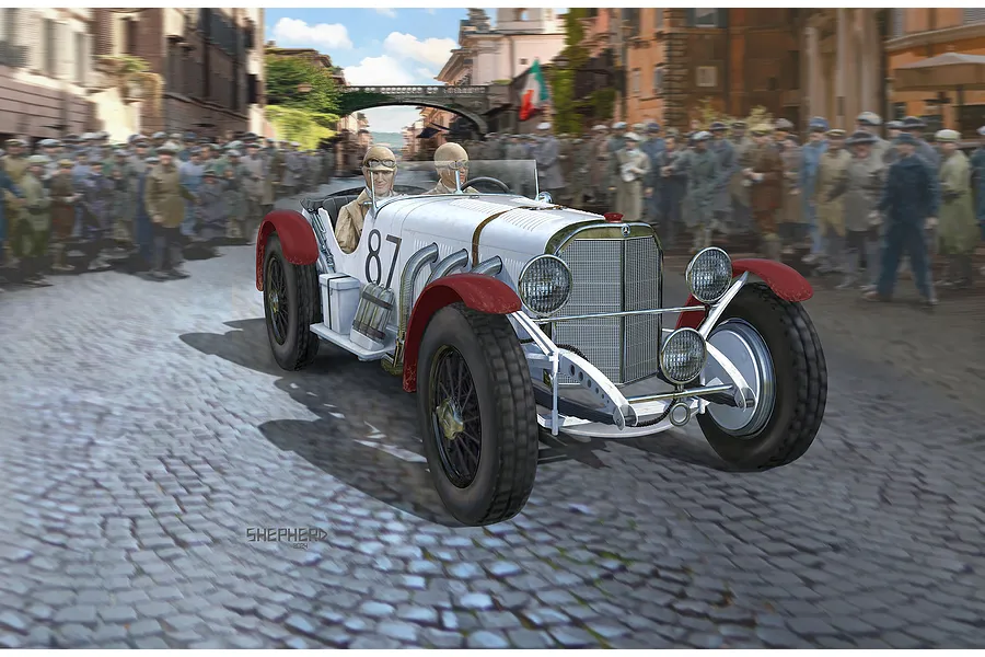 An artistic illustration of a vintage white and red Mercedes-Benz SSKL race car driving on a cobblestone street lined with a crowd of spectators.
