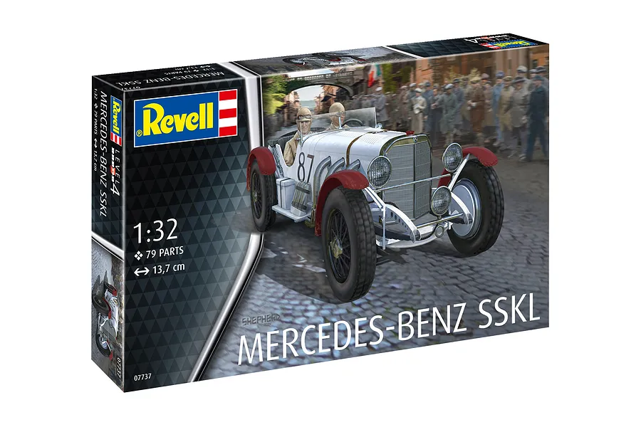 Revell 1/32 scale Mercedes-Benz SSKL model kit box featuring an illustration of the vintage race car on a cobblestone street.