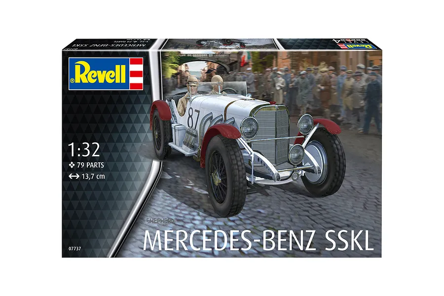 Revell 1/32 scale Mercedes-Benz SSKL plastic model kit box art showing a white vintage race car with red fenders on a cobblestone street.