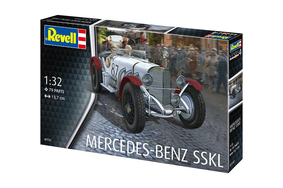 Revell 1/32 scale Mercedes-Benz SSKL model kit box showing a vintage white and red race car with two drivers on a cobblestone street.