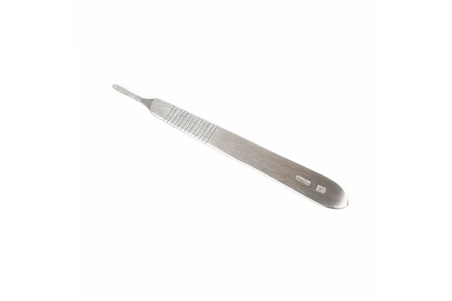 A stainless steel #3 scalpel handle by Excel Tools, featuring a textured grip area and a blade attachment point.