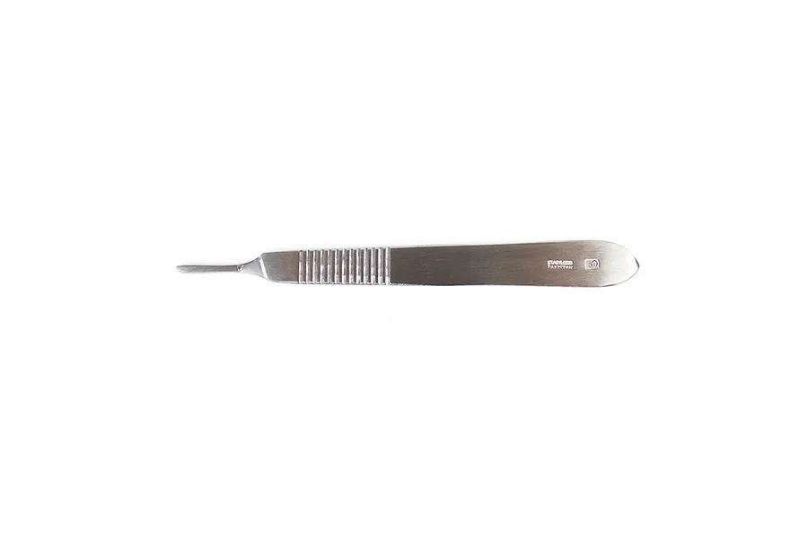 A stainless steel #3 scalpel handle on a plain white background, showing the textured grip and blade attachment point.