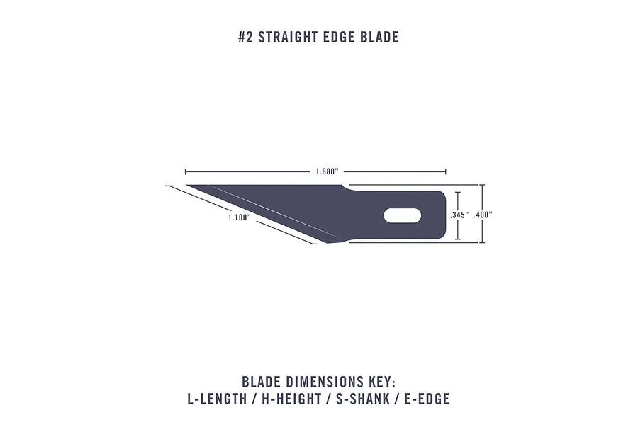 A technical diagram showing the dimensions of an Excel Tools #2 straight edge hobby blade, including length, height, and edge measurements.