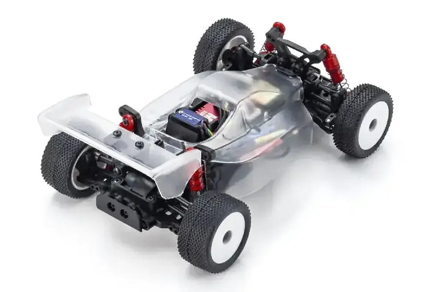 A Kyosho Mini-Z MB-010VE 2.0 SP RC buggy chassis with a clear, unpainted polycarbonate body shell, viewed from the rear three-quarter angle.