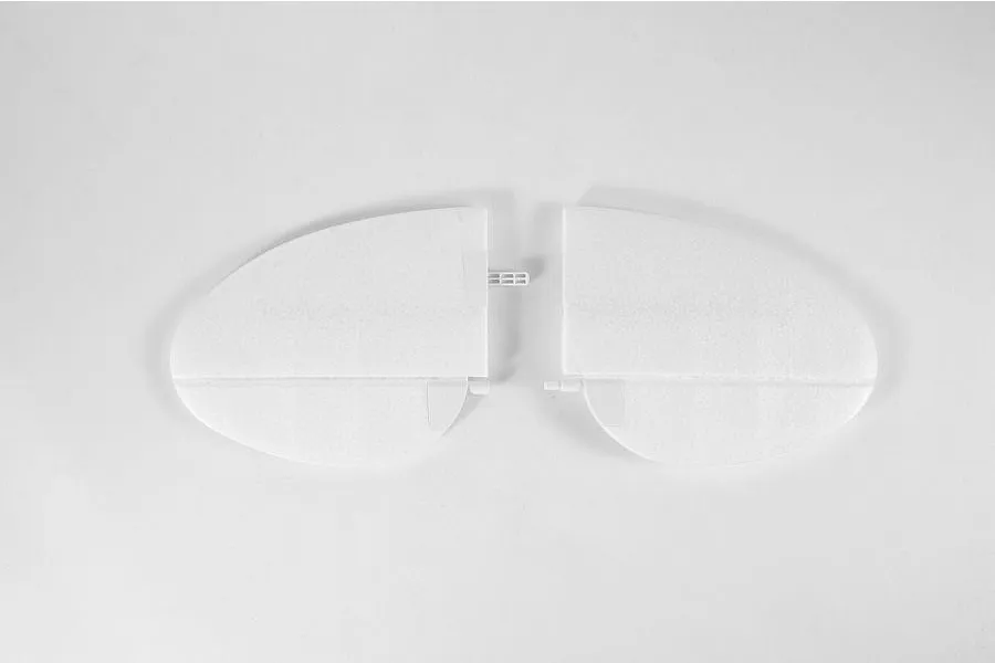 A pair of white foam horizontal stabilizer pieces for an RC plane, shown against a plain white background.