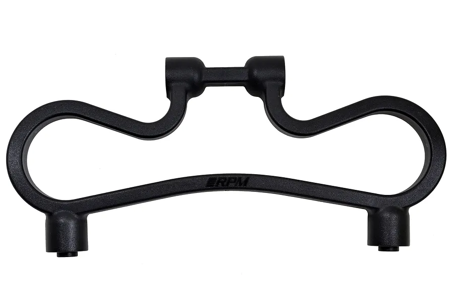 A black RPM front upper bumper mount for an RC car, featuring a curved, molded plastic design with the RPM logo embossed in the center.