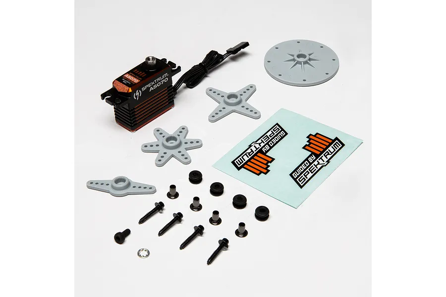 Spektrum A5070 mini brushless servo with included servo horns, mounting hardware, and decals on a white background.
