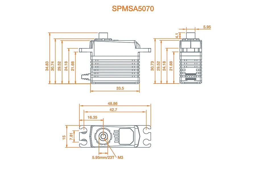 Technical line drawing showing dimensions of the Spektrum SPMSA5070 servo from front, side, and top views.