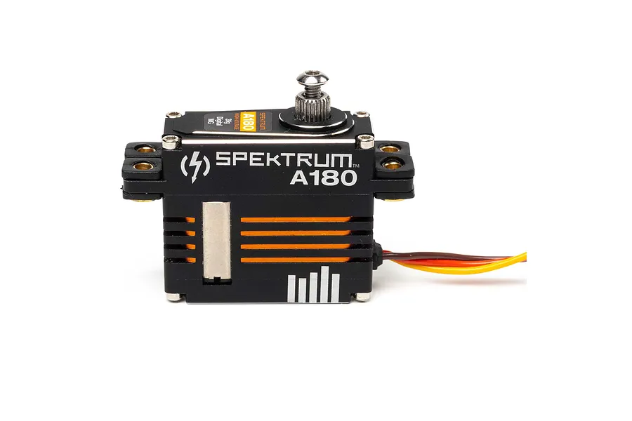 A Spektrum A180 mini digital high-voltage servo with a black aluminium case and orange heat sink fins, viewed from the side.