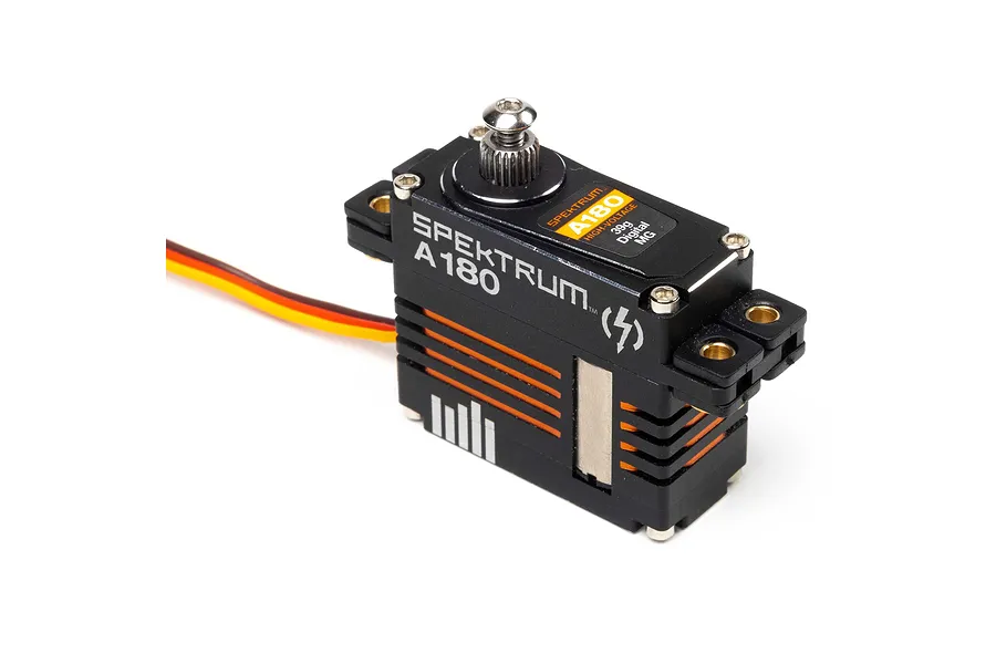 Spektrum A180 high-voltage digital metal-geared servo with black and orange casing and a three-wire connector cable.