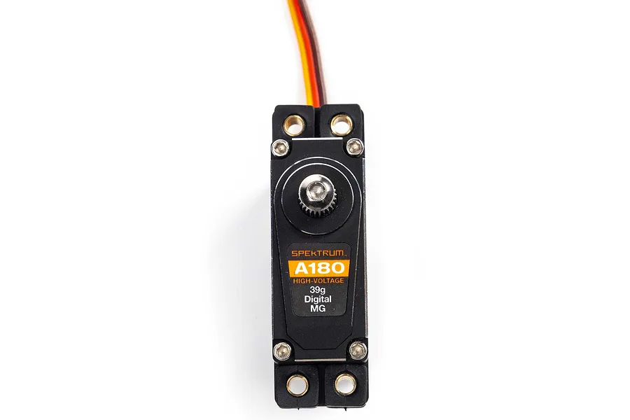 Top-down view of a Spektrum A180 digital metal-geared servo with a black casing and orange label against a white background.