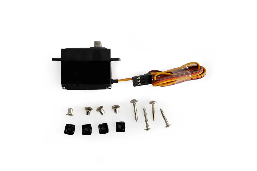 Spektrum A179 mini servo with black casing, wiring harness, and included mounting hardware including screws and rubber grommets on a white background.