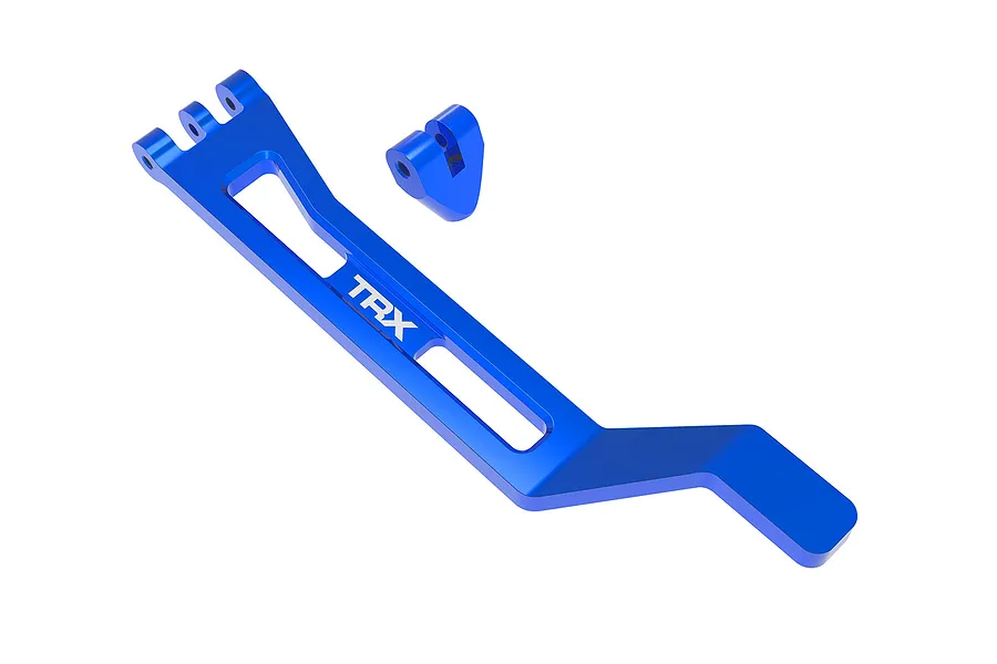 A blue anodized aluminium battery hold-down strap and a separate mounting post for Traxxas RC vehicles, displayed on a white background.