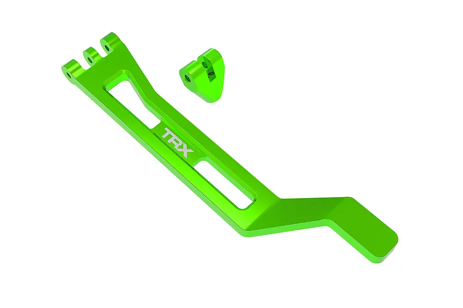 A bright green anodized aluminium battery hold-down strap and a matching mounting post for Traxxas RC vehicles, shown against a white background.