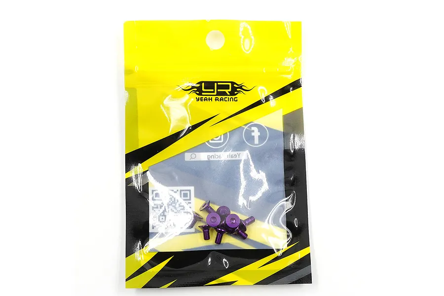 A pack of Yeah Racing purple aluminium countersunk screws in a yellow and black branded plastic bag.