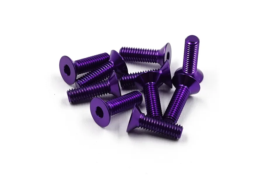 A pile of ten purple anodized aluminium countersunk screws with hex heads, isolated on a white background.